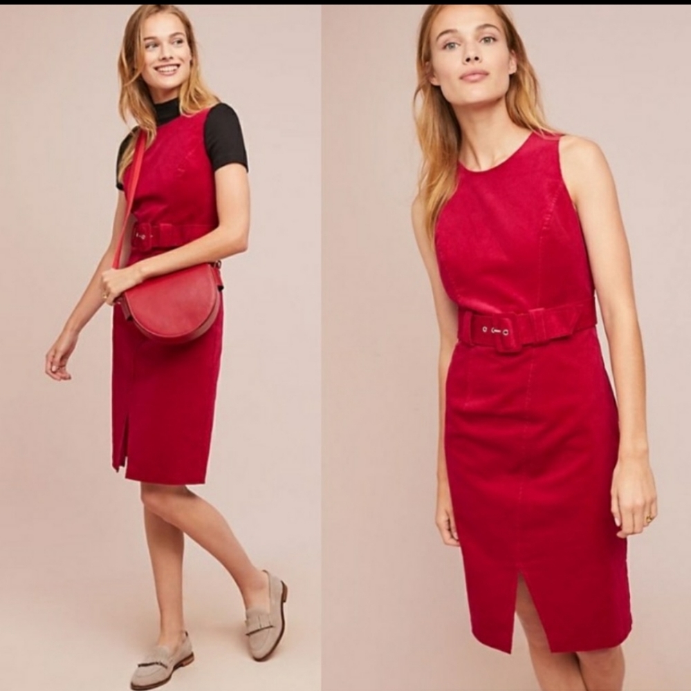 Anthropologie Red Sleeveless Belted Sheath Dress
